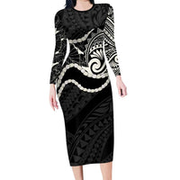 Aloha Hawaii Kalo Pikake Lei Long Sleeve Bodycon Dress Chest Tattoo Black Hawaiian Pattern LT14 Long Dress Black - Polynesian Pride
