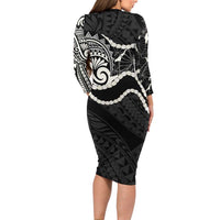 Aloha Hawaii Kalo Pikake Lei Long Sleeve Bodycon Dress Chest Tattoo Black Hawaiian Pattern LT14 - Polynesian Pride