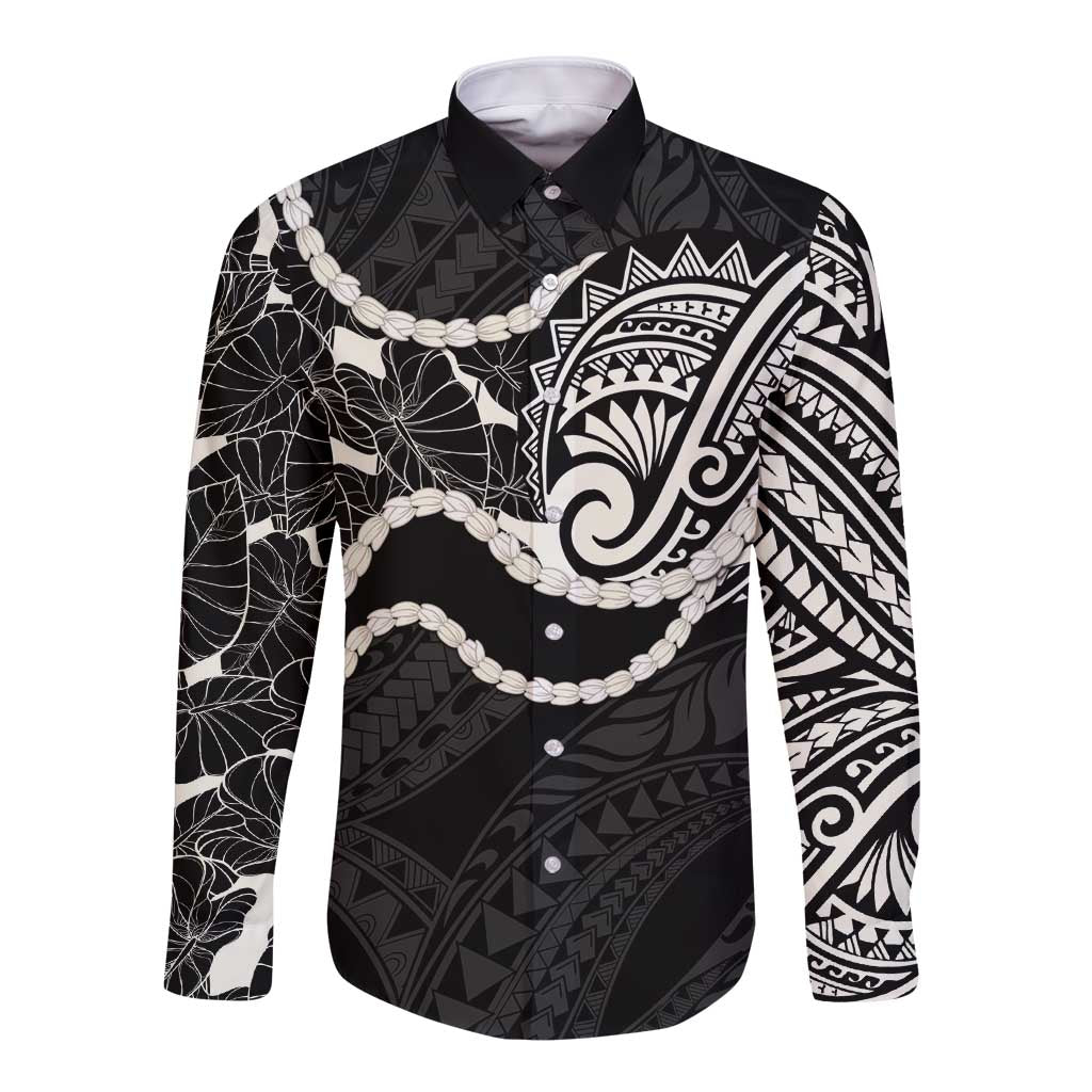 Aloha Hawaii Kalo Pikake Lei Long Sleeve Button Shirt Chest Tattoo Black Hawaiian Pattern LT14 Unisex Black - Polynesian Pride