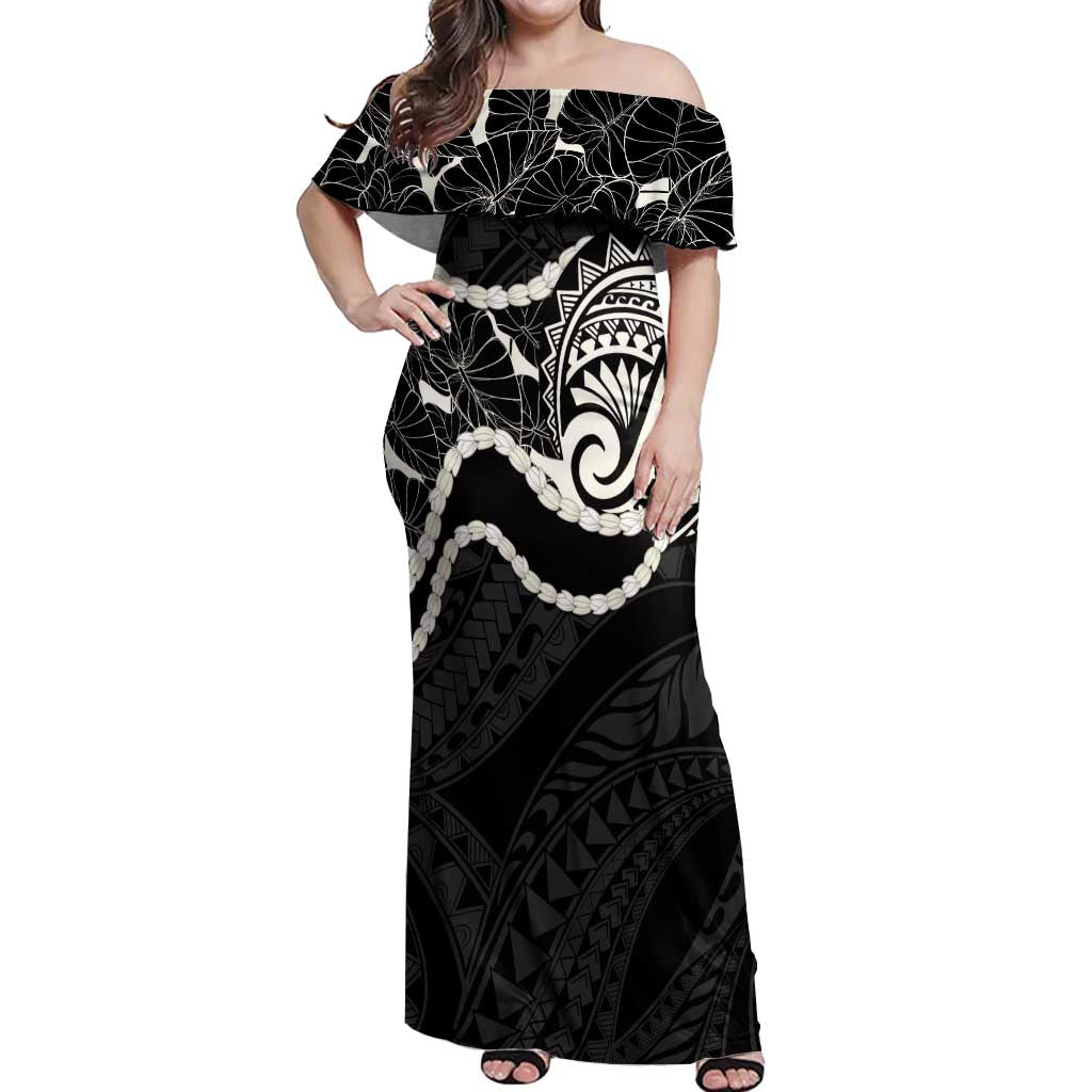 Aloha Hawaii Kalo Pikake Lei Off Shoulder Maxi Dress Chest Tattoo Black Hawaiian Pattern LT14 Women Black - Polynesian Pride