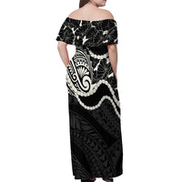 Aloha Hawaii Kalo Pikake Lei Off Shoulder Maxi Dress Chest Tattoo Black Hawaiian Pattern