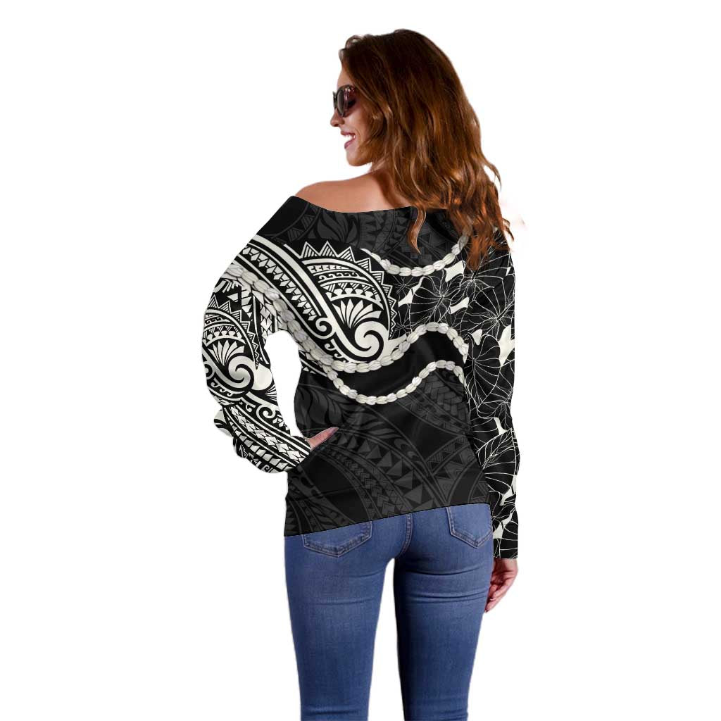 Aloha Hawaii Kalo Pikake Lei Off Shoulder Sweater Chest Tattoo Black Hawaiian Pattern