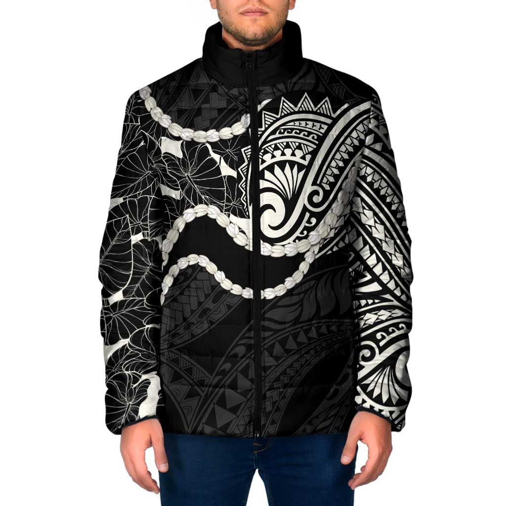 Aloha Hawaii Kalo Pikake Lei Padded Jacket Chest Tattoo Black Hawaiian Pattern LT14 Men Black - Polynesian Pride