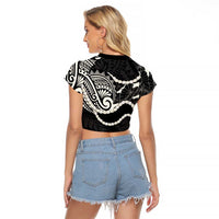 Aloha Hawaii Kalo Pikake Lei Raglan Cropped T Shirt Chest Tattoo Black Hawaiian Pattern