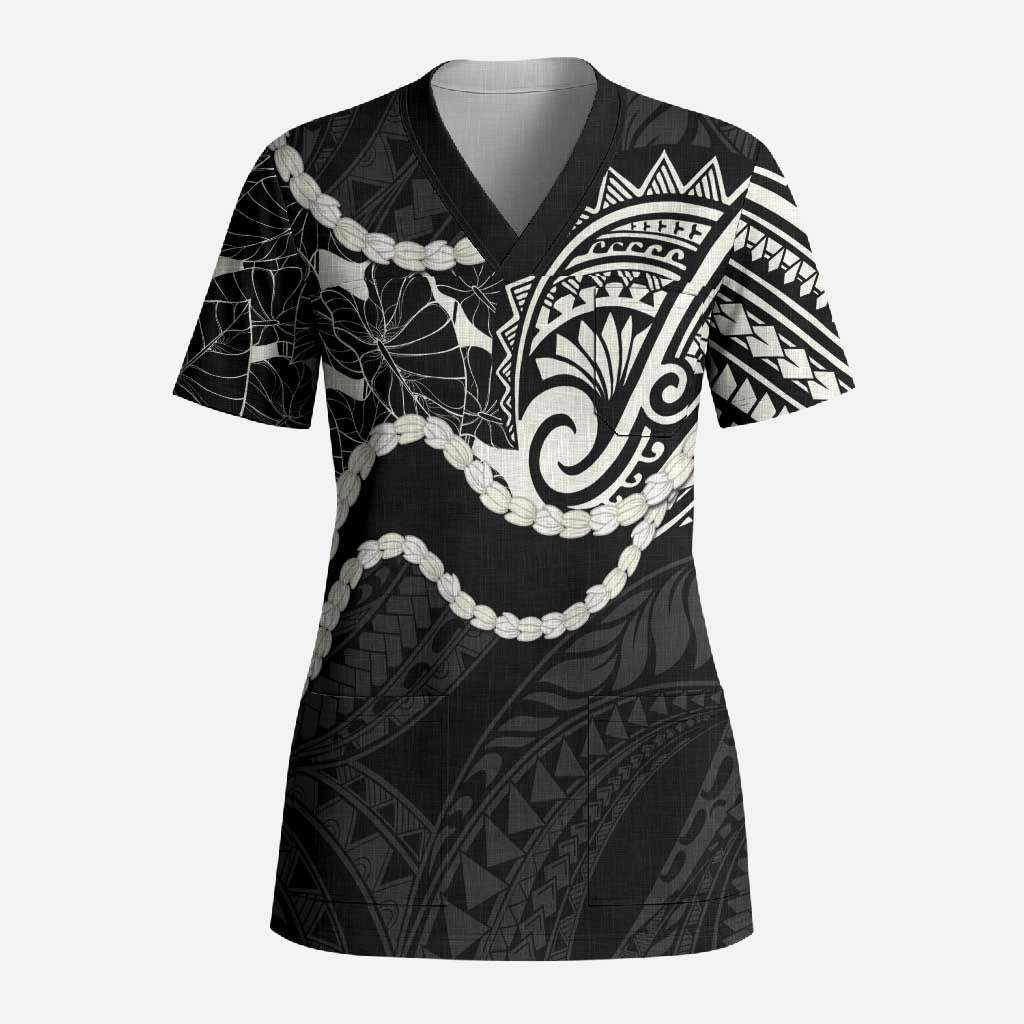 Aloha Hawaii Kalo Pikake Lei Scrub Top Chest Tattoo Black Hawaiian Pattern LT14 Adult Black - Polynesian Pride