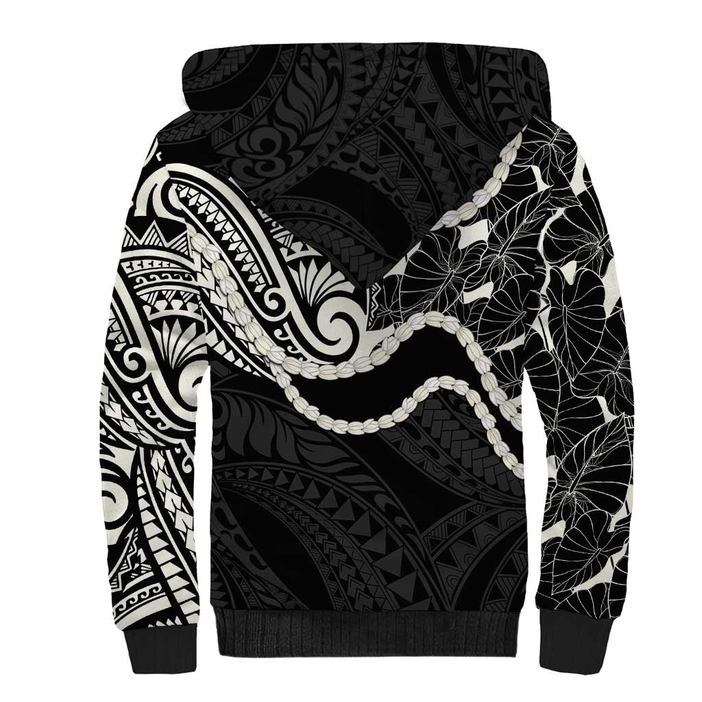Aloha Hawaii Kalo Pikake Lei Sherpa Hoodie Chest Tattoo Black Hawaiian Pattern