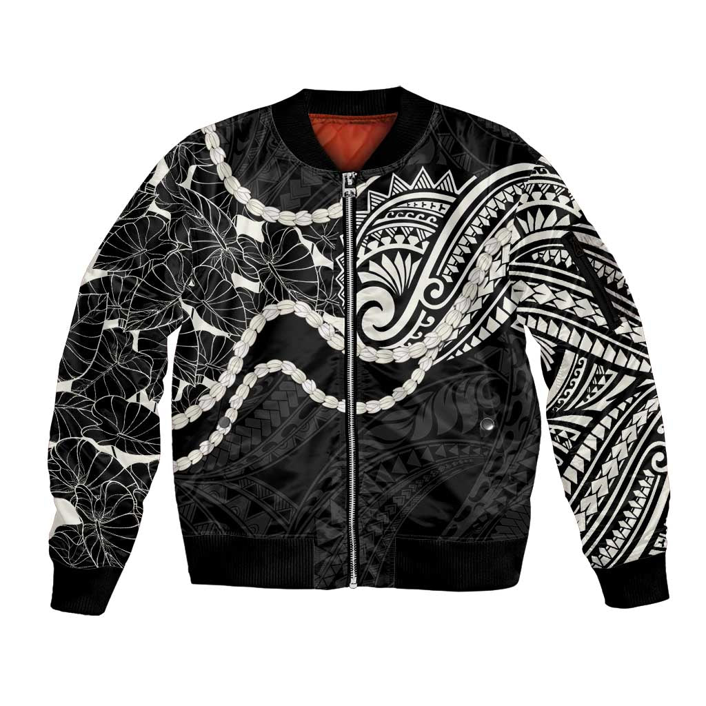 Aloha Hawaii Kalo Pikake Lei Sleeve Zip Bomber Jacket Chest Tattoo Black Hawaiian Pattern
