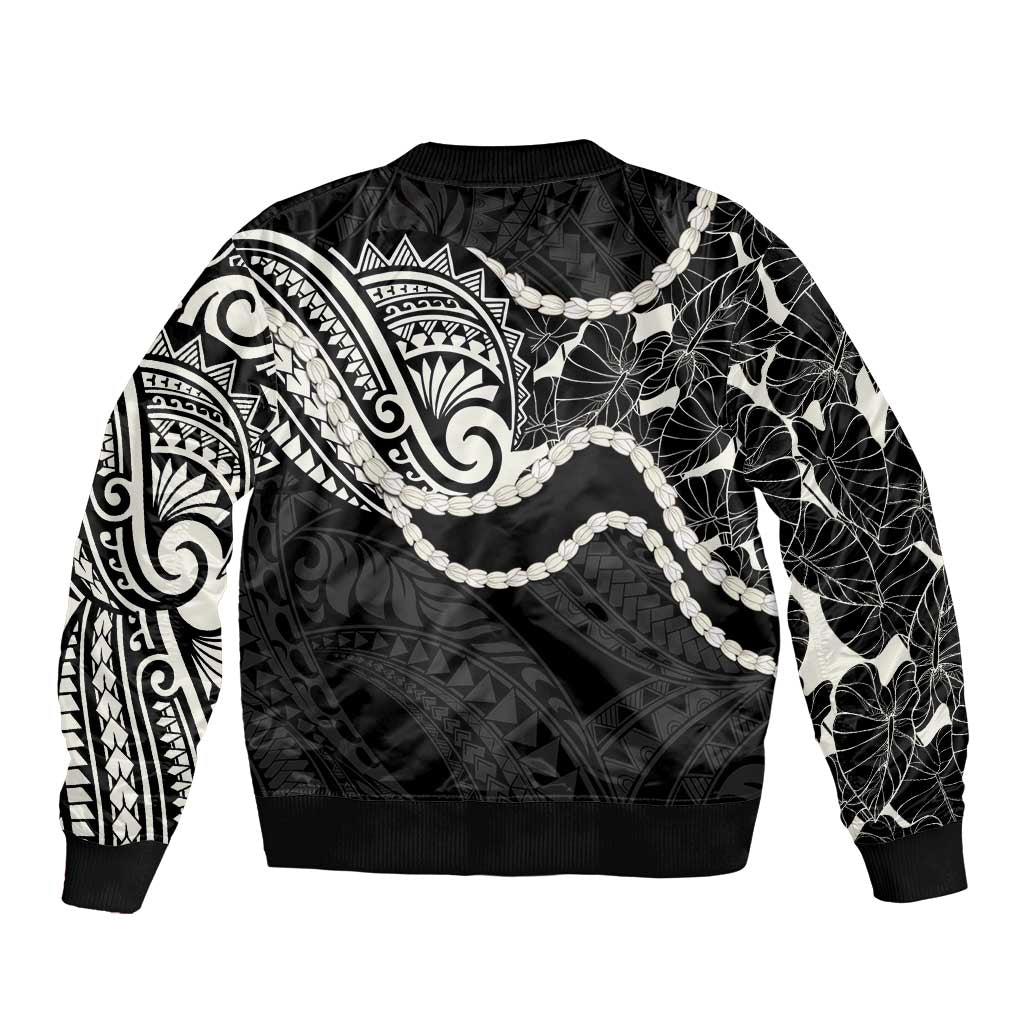 Aloha Hawaii Kalo Pikake Lei Sleeve Zip Bomber Jacket Chest Tattoo Black Hawaiian Pattern
