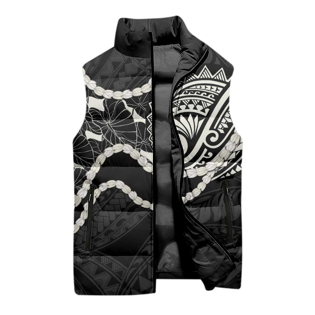 Aloha Hawaii Kalo Pikake Lei Sleeveless Puffer Jacket Chest Tattoo Black Hawaiian Pattern