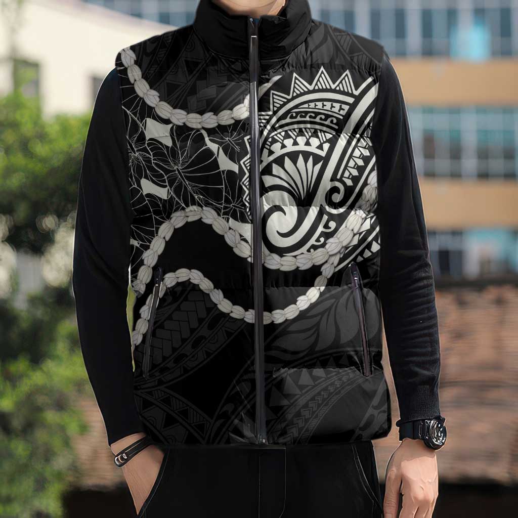 Aloha Hawaii Kalo Pikake Lei Sleeveless Puffer Jacket Chest Tattoo Black Hawaiian Pattern