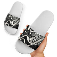 Aloha Hawaii Kalo Pikake Lei Slide Sandals Chest Tattoo Black Hawaiian Pattern