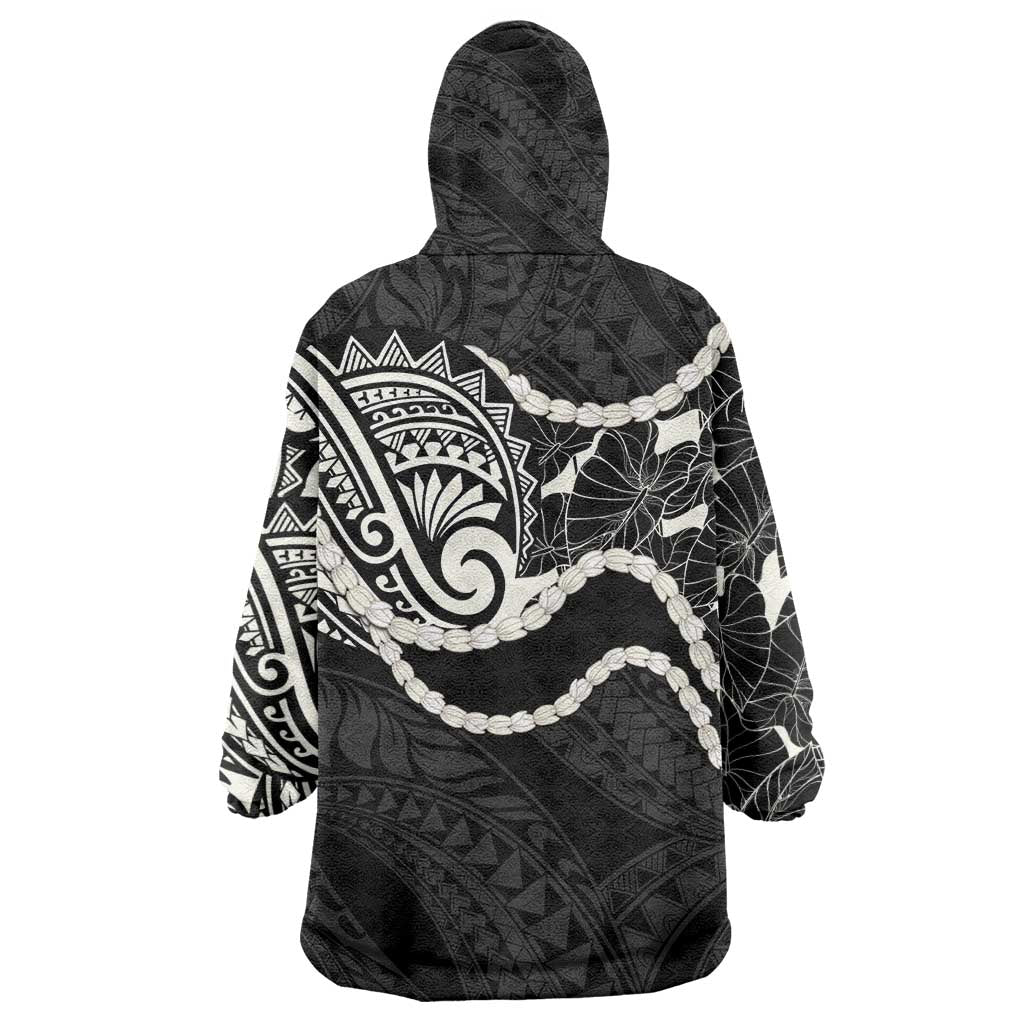 Aloha Hawaii Kalo Pikake Lei Wearable Blanket Hoodie Chest Tattoo Black Hawaiian Pattern