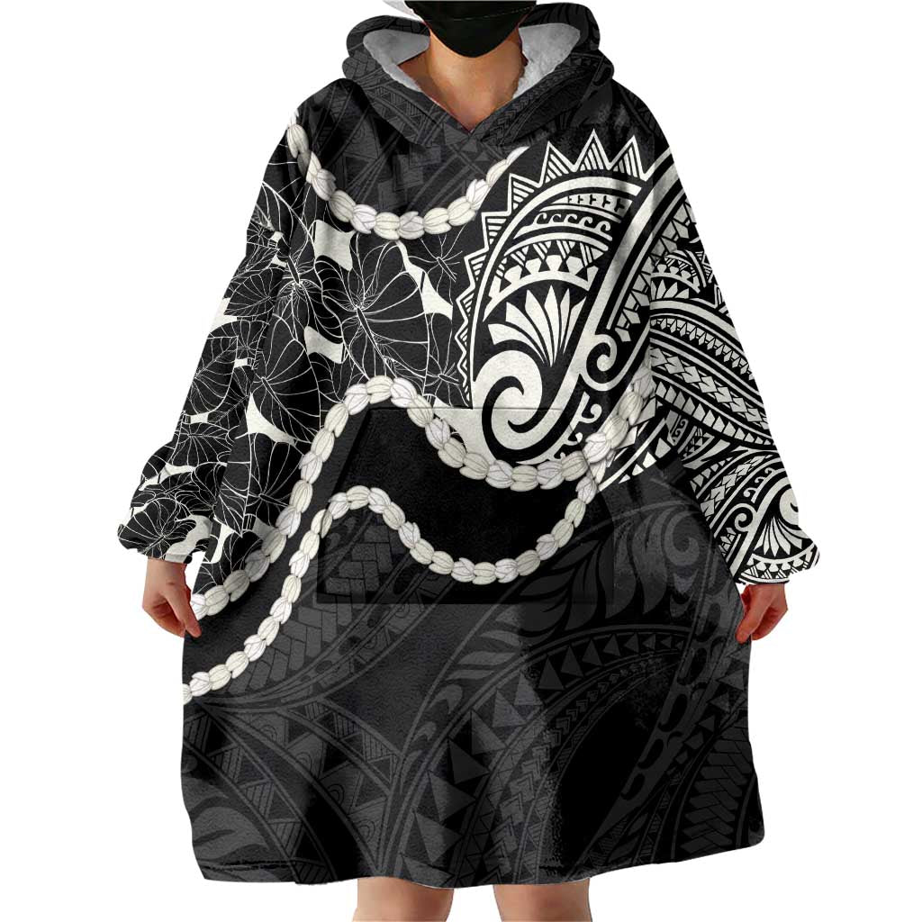 Aloha Hawaii Kalo Pikake Lei Wearable Blanket Hoodie Chest Tattoo Black Hawaiian Pattern
