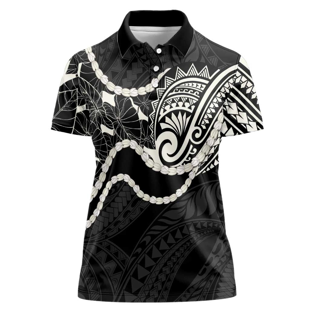 Aloha Hawaii Kalo Pikake Lei Women Polo Shirt Chest Tattoo Black Hawaiian Pattern LT14 Female Black - Polynesian Pride