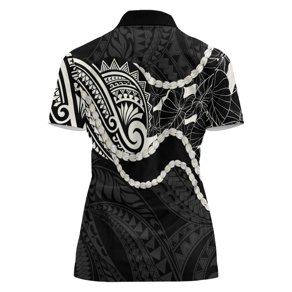 Aloha Hawaii Kalo Pikake Lei Women Polo Shirt Chest Tattoo Black Hawaiian Pattern LT14 - Polynesian Pride
