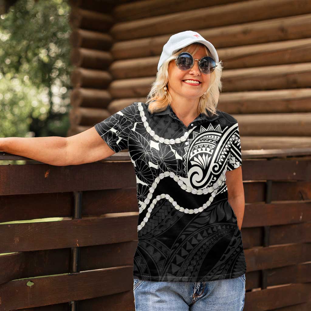 Aloha Hawaii Kalo Pikake Lei Women Polo Shirt Chest Tattoo Black Hawaiian Pattern LT14 - Polynesian Pride