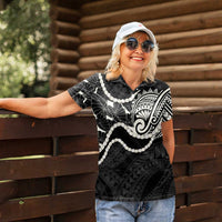 Aloha Hawaii Kalo Pikake Lei Women Polo Shirt Chest Tattoo Black Hawaiian Pattern LT14 - Polynesian Pride