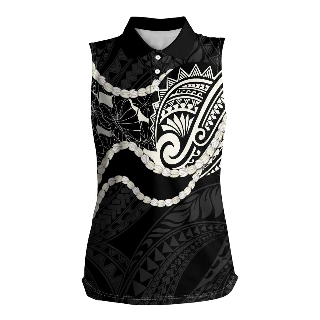 Aloha Hawaii Kalo Pikake Lei Women Sleeveless Polo Shirt Chest Tattoo Black Hawaiian Pattern
