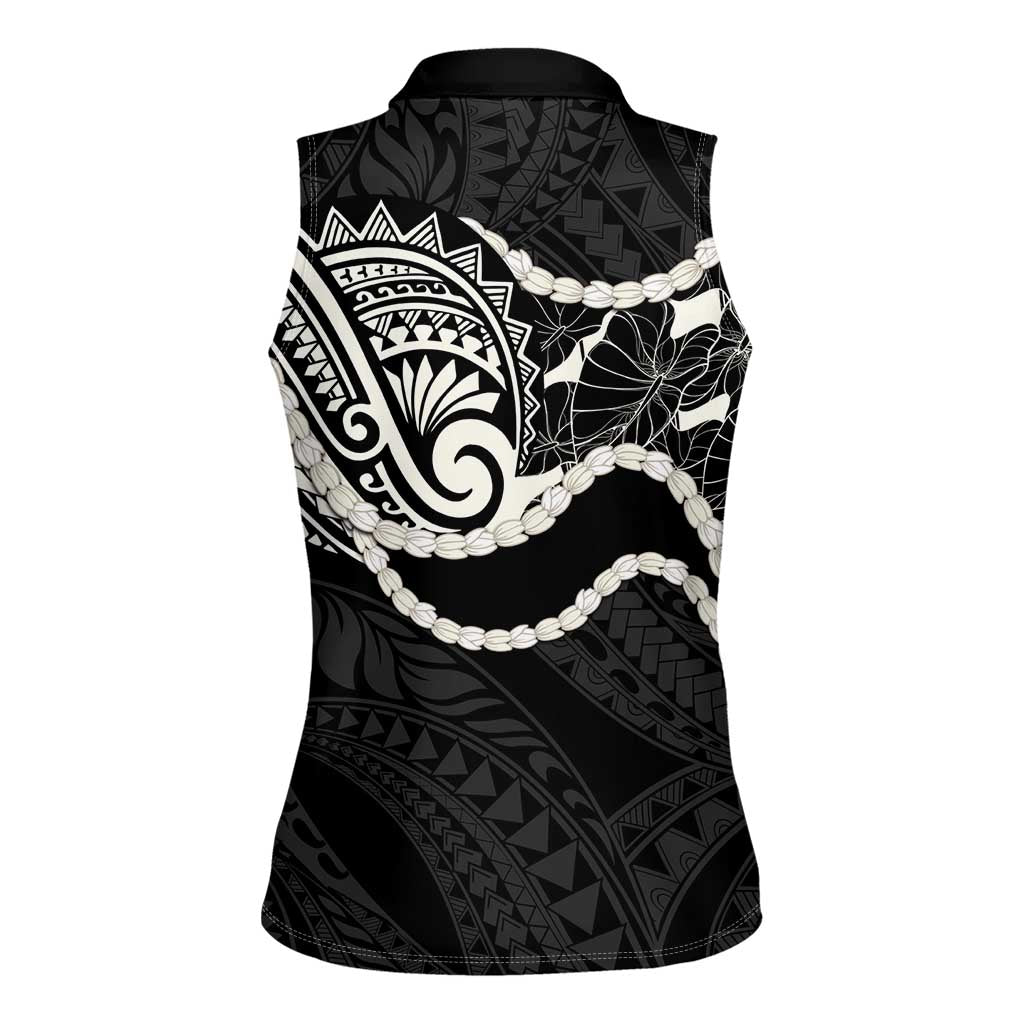 Aloha Hawaii Kalo Pikake Lei Women Sleeveless Polo Shirt Chest Tattoo Black Hawaiian Pattern