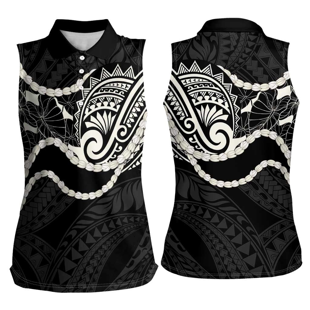 Aloha Hawaii Kalo Pikake Lei Women Sleeveless Polo Shirt Chest Tattoo Black Hawaiian Pattern