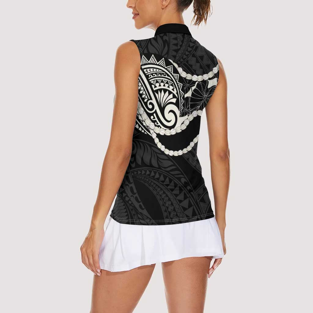 Aloha Hawaii Kalo Pikake Lei Women Sleeveless Polo Shirt Chest Tattoo Black Hawaiian Pattern