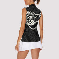 Aloha Hawaii Kalo Pikake Lei Women Sleeveless Polo Shirt Chest Tattoo Black Hawaiian Pattern