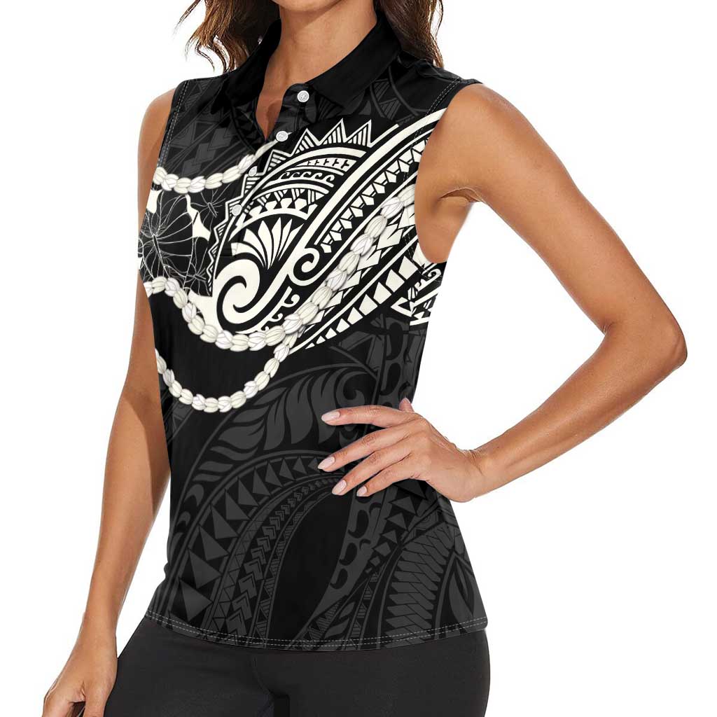 Aloha Hawaii Kalo Pikake Lei Women Sleeveless Polo Shirt Chest Tattoo Black Hawaiian Pattern