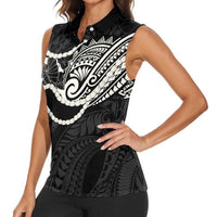 Aloha Hawaii Kalo Pikake Lei Women Sleeveless Polo Shirt Chest Tattoo Black Hawaiian Pattern