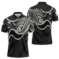 Aloha Hawaii Kalo Pikake Lei Zipper Polo Shirt Chest Tattoo Black Hawaiian Pattern