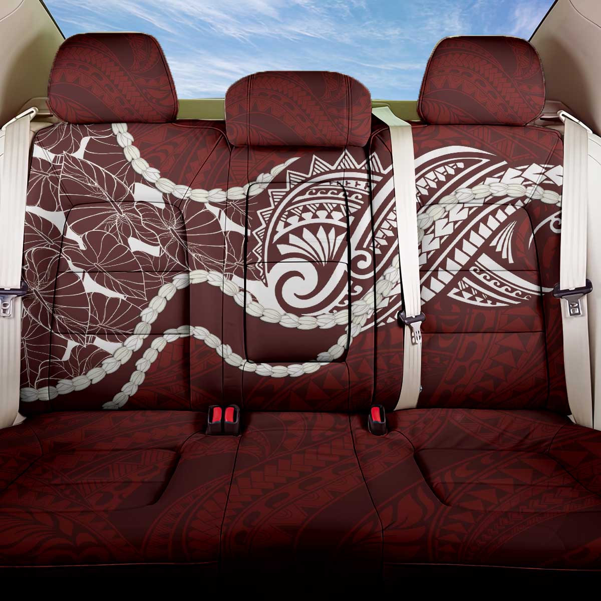 Aloha Hawaii Kalo Pikake Lei Back Car Seat Cover Chest Tattoo Oxblood Hawaiian Pattern LT14 One Size Oxblood - Polynesian Pride