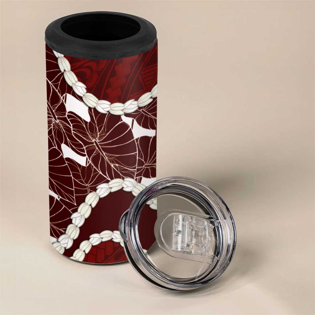 Aloha Hawaii Kalo Pikake Lei 4 in 1 Can Cooler Tumbler Chest Tattoo Oxblood Hawaiian Pattern