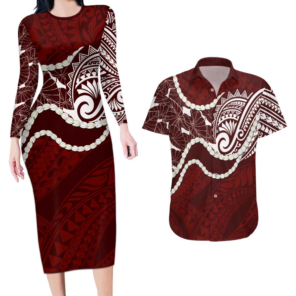 Aloha Hawaii Kalo Pikake Lei Couples Matching Long Sleeve Bodycon Dress and Hawaiian Shirt Chest Tattoo Oxblood Hawaiian Pattern LT14 Oxblood - Polynesian Pride