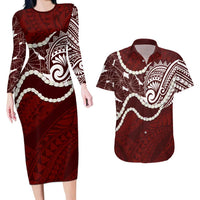 Aloha Hawaii Kalo Pikake Lei Couples Matching Long Sleeve Bodycon Dress and Hawaiian Shirt Chest Tattoo Oxblood Hawaiian Pattern LT14 Oxblood - Polynesian Pride