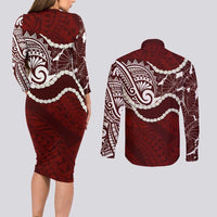 Aloha Hawaii Kalo Pikake Lei Couples Matching Long Sleeve Bodycon Dress and Long Sleeve Button Shirt Chest Tattoo Oxblood Hawaiian Pattern