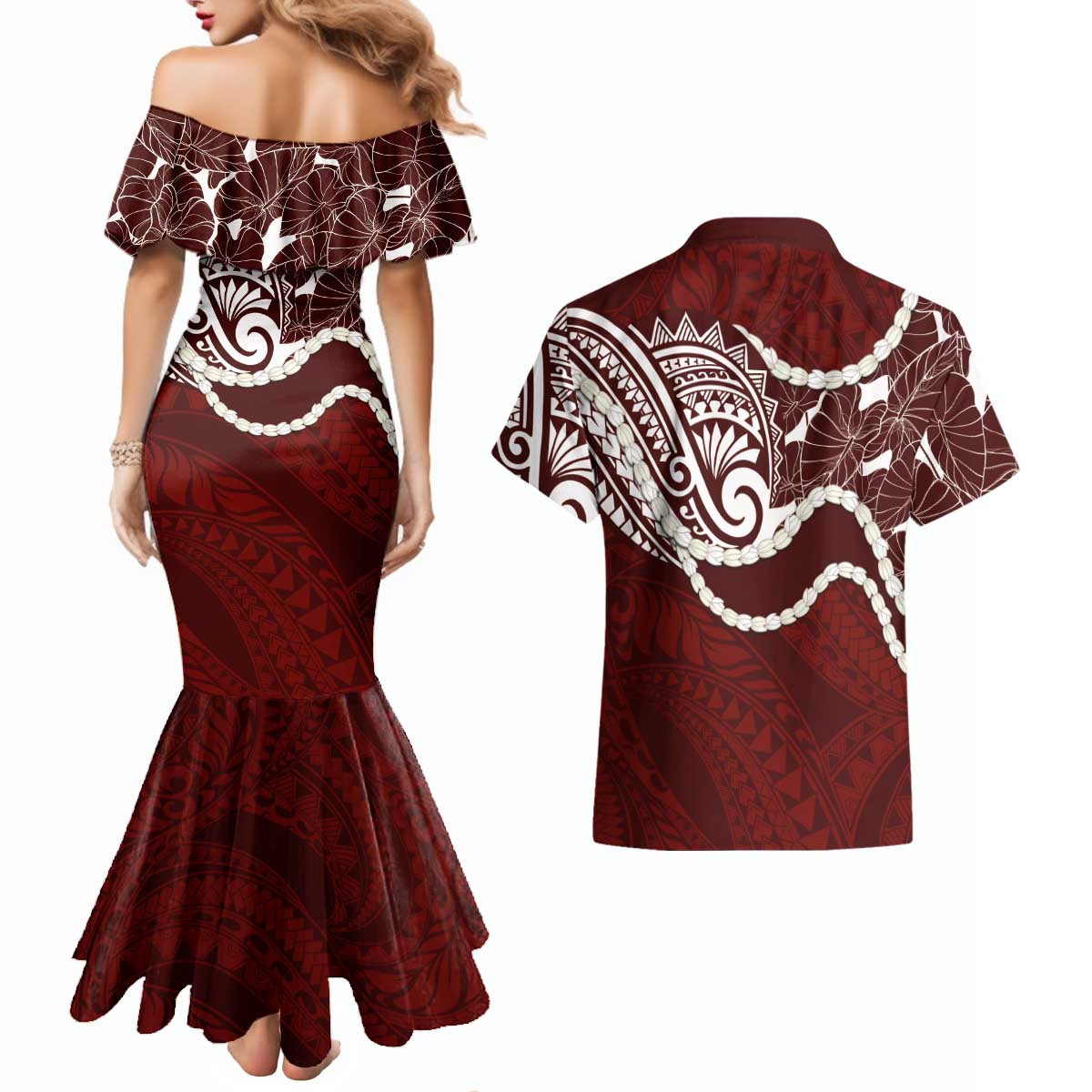 Aloha Hawaii Kalo Pikake Lei Couples Matching Mermaid Dress and Hawaiian Shirt Chest Tattoo Oxblood Hawaiian Pattern