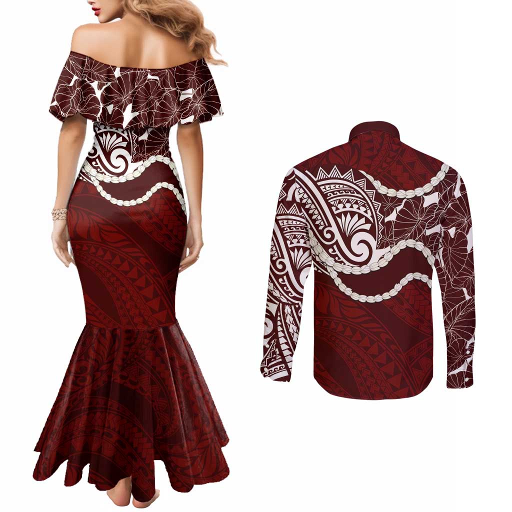 Aloha Hawaii Kalo Pikake Lei Couples Matching Mermaid Dress and Long Sleeve Button Shirt Chest Tattoo Oxblood Hawaiian Pattern