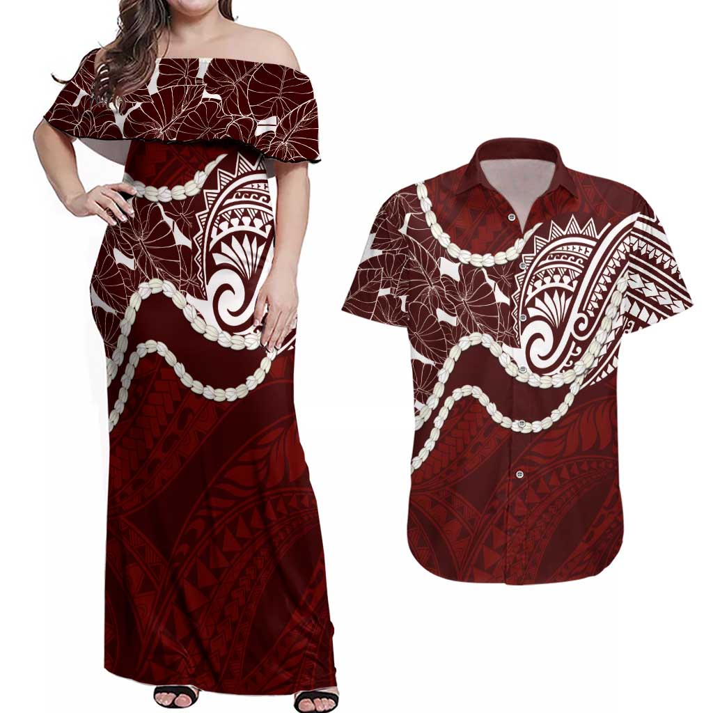 Aloha Hawaii Kalo Pikake Lei Couples Matching Off Shoulder Maxi Dress and Hawaiian Shirt Chest Tattoo Oxblood Hawaiian Pattern