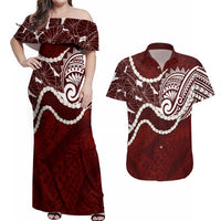 Aloha Hawaii Kalo Pikake Lei Couples Matching Off Shoulder Maxi Dress and Hawaiian Shirt Chest Tattoo Oxblood Hawaiian Pattern