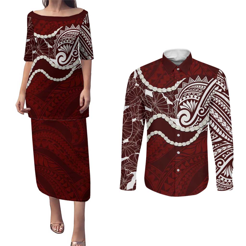 Aloha Hawaii Kalo Pikake Lei Couples Matching Puletasi and Long Sleeve Button Shirt Chest Tattoo Oxblood Hawaiian Pattern LT14 Oxblood - Polynesian Pride