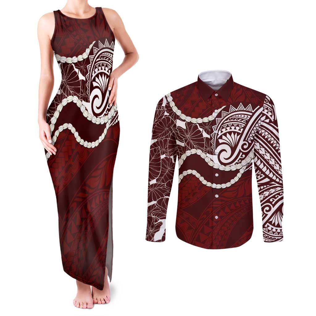 Aloha Hawaii Kalo Pikake Lei Couples Matching Tank Maxi Dress and Long Sleeve Button Shirt Chest Tattoo Oxblood Hawaiian Pattern