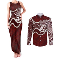 Aloha Hawaii Kalo Pikake Lei Couples Matching Tank Maxi Dress and Long Sleeve Button Shirt Chest Tattoo Oxblood Hawaiian Pattern
