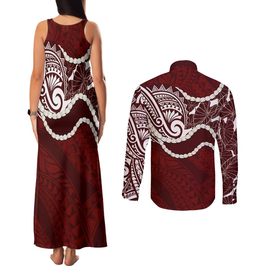 Aloha Hawaii Kalo Pikake Lei Couples Matching Tank Maxi Dress and Long Sleeve Button Shirt Chest Tattoo Oxblood Hawaiian Pattern
