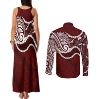 Aloha Hawaii Kalo Pikake Lei Couples Matching Tank Maxi Dress and Long Sleeve Button Shirt Chest Tattoo Oxblood Hawaiian Pattern