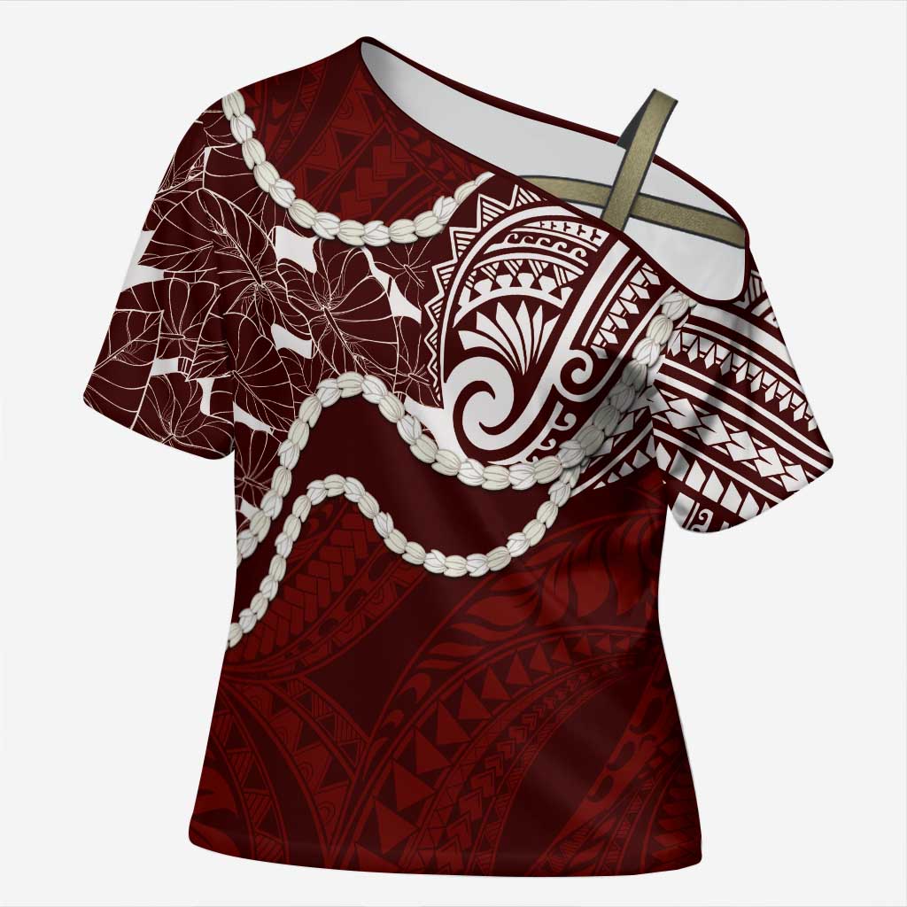 Aloha Hawaii Kalo Pikake Lei Cross Shoulder Shirt Chest Tattoo Oxblood Hawaiian Pattern LT14 Female Oxblood - Polynesian Pride