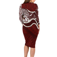 Aloha Hawaii Kalo Pikake Lei Family Matching Long Sleeve Bodycon Dress and Hawaiian Shirt Chest Tattoo Oxblood Hawaiian Pattern LT14 - Polynesian Pride