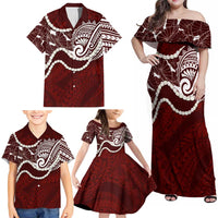 Aloha Hawaii Kalo Pikake Lei Family Matching Off Shoulder Maxi Dress and Hawaiian Shirt Chest Tattoo Oxblood Hawaiian Pattern LT14 - Polynesian Pride