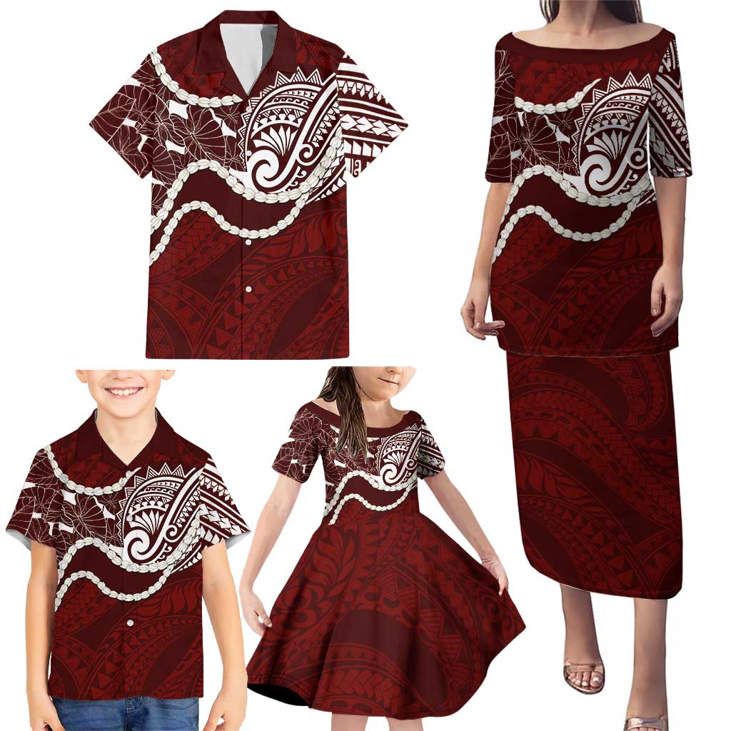 Aloha Hawaii Kalo Pikake Lei Family Matching Puletasi and Hawaiian Shirt Chest Tattoo Oxblood Hawaiian Pattern LT14 - Polynesian Pride
