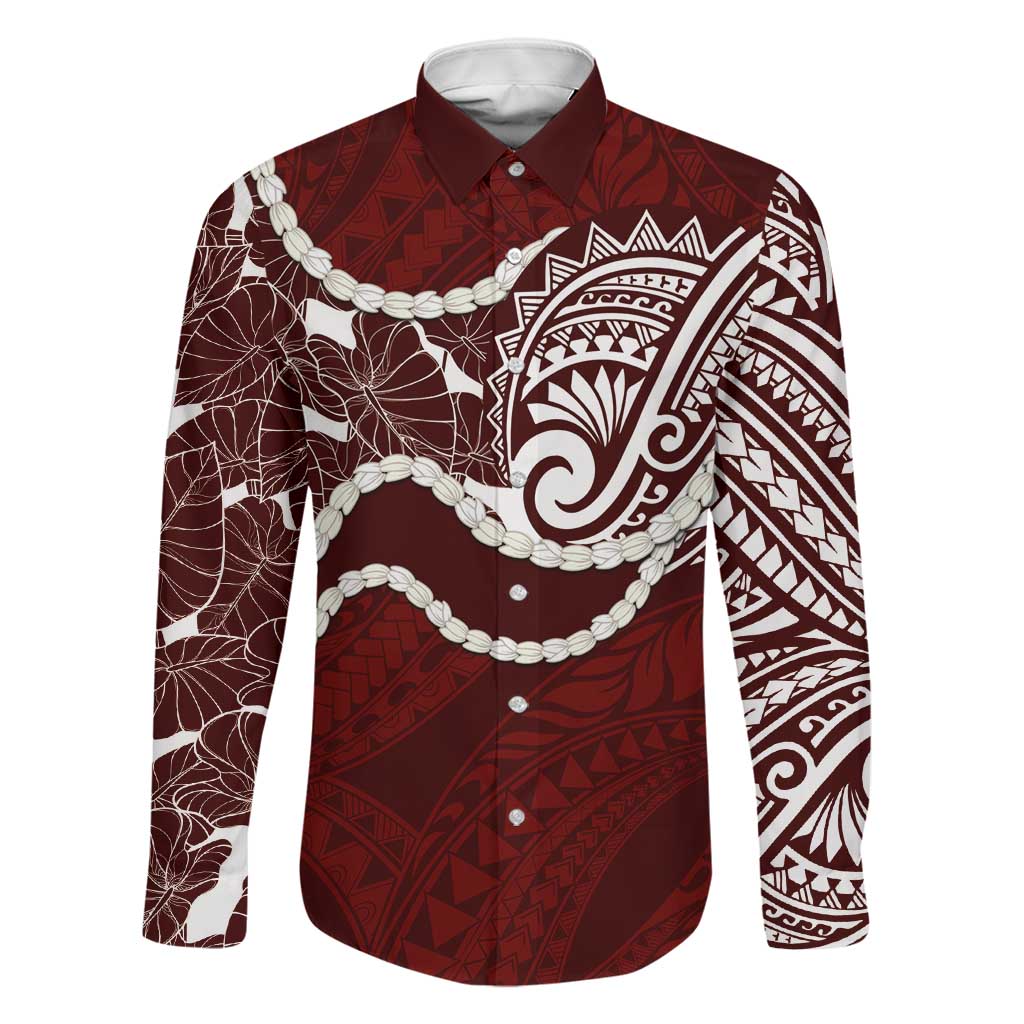 Aloha Hawaii Kalo Pikake Lei Family Matching Short Sleeve Bodycon Dress and Hawaiian Shirt Chest Tattoo Oxblood Hawaiian Pattern LT14 Dad's Shirt - Long Sleeve Oxblood - Polynesian Pride
