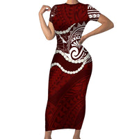 Aloha Hawaii Kalo Pikake Lei Family Matching Short Sleeve Bodycon Dress and Hawaiian Shirt Chest Tattoo Oxblood Hawaiian Pattern LT14 Mom's Dress Oxblood - Polynesian Pride