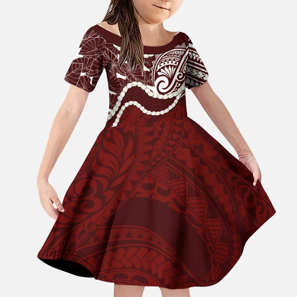 Aloha Hawaii Kalo Pikake Lei Family Matching Summer Maxi Dress and Hawaiian Shirt Chest Tattoo Oxblood Hawaiian Pattern LT14 Daughter's Dress Oxblood - Polynesian Pride
